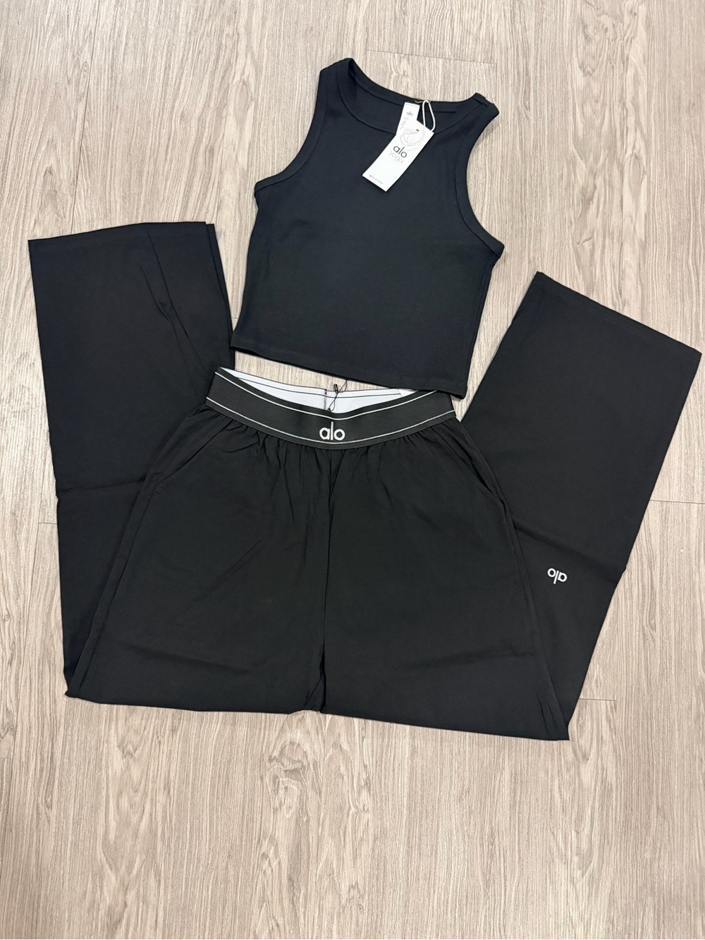 ALO Yoga Black Wide-Leg Track Pants with Elastic Logo Waistband